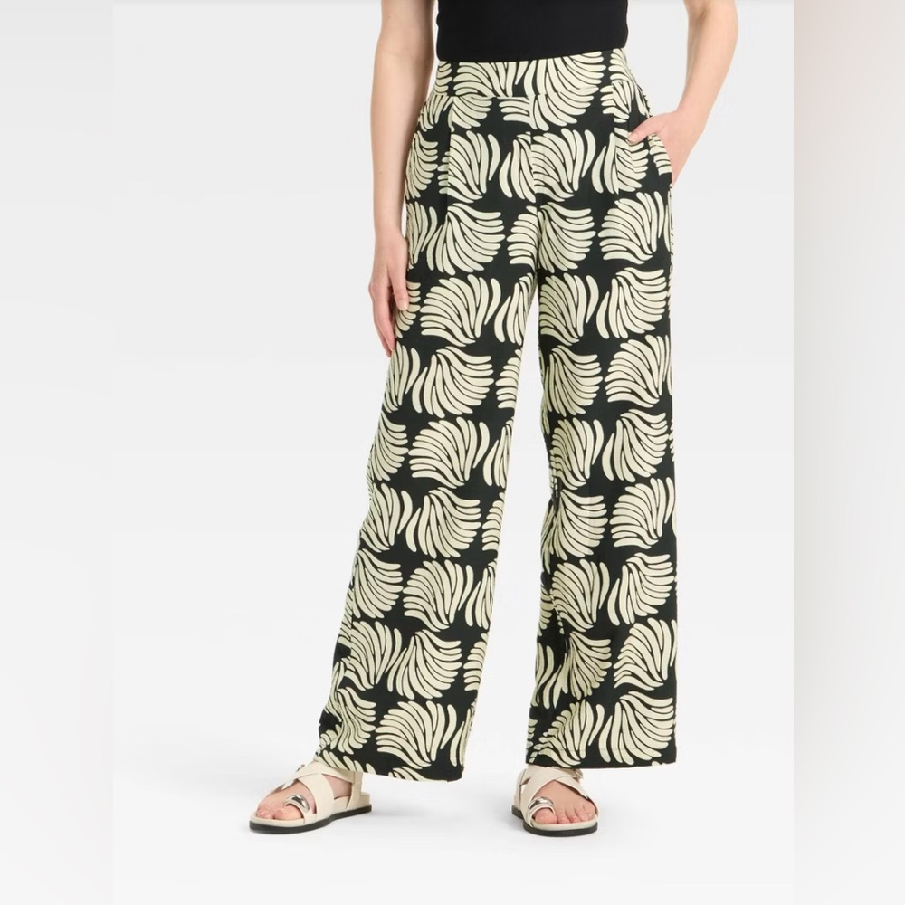 a new day Black and Cream Leaf Print Wide Leg Pants